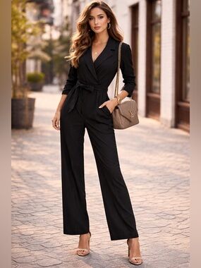 H&M Black Wrap Jumpsuit with Tie Waist Elegant Chic Minimalist Modern | Sz S